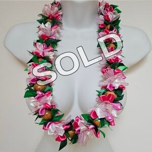 SOLD * Hawaiian Lei in Pink , Green, White - 36" L ribbon lei floral